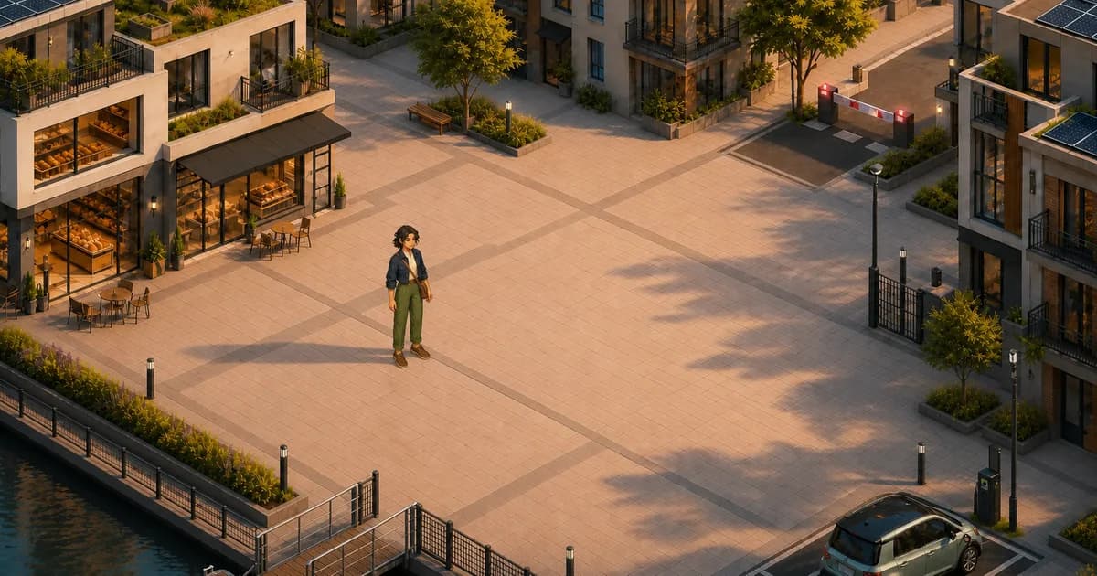 A player character standing in the living city of Voice2Evolve Worlds.
